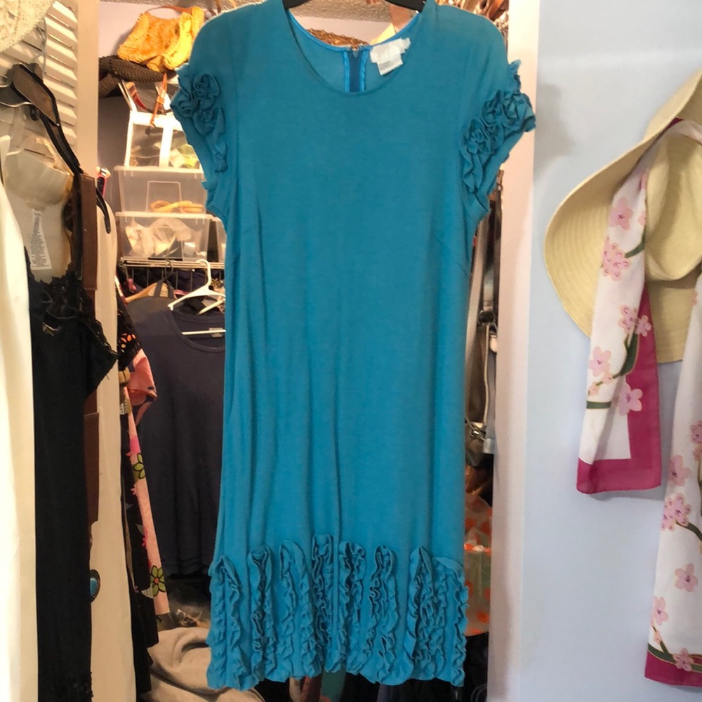 Turquoise dress size large by Patchington. Ruffled sleeves with ruffled …